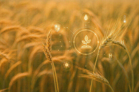 AI generated ultra realistic image of wheat field with glowing digital icons representing smart farming data analysis crop monitoring and sustainable agricultural technology in warm natural light