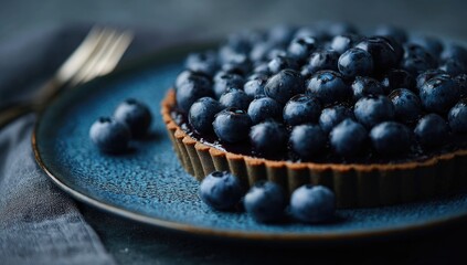 Close-up of blueberry tart on dark plate (1)