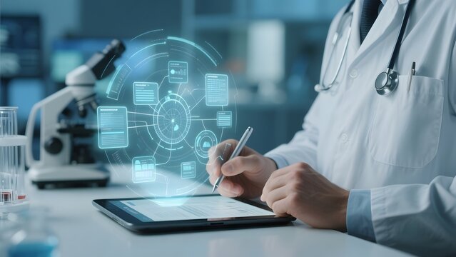 Doctor using a tablet with a holographic medical data interface in a laboratory setting