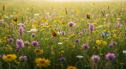 Vibrant Meadow with Butterflies and Wildflowers in Golden Light
