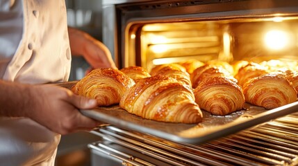 Golden Croissants Fresh from the Oven: A culinary scene presents the art of baking, with freshly baked croissants, their golden crusts inviting, being pulled from a hot oven by a skilled baker.