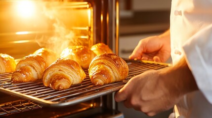 Warm Croissant Baking: A close-up shot shows a professional baker delicately pulling out a tray of freshly baked, golden croissants from a preheated oven.