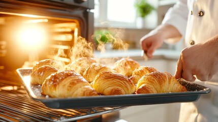 Golden Croissants from the Oven: A culinary scene captures the artistry of a baker, pulling a tray of golden, freshly baked croissants from the warm embrace of an oven, a symphony of aroma.