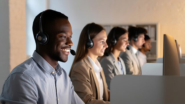 Diverse team members wearing headsets working in a call center customer service microphone