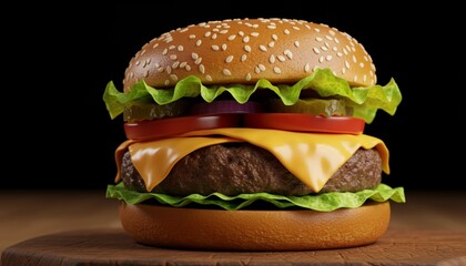 Delicious Double Cheeseburger with Melting Cheese, Fresh Lettuce, Tomato, Pickles, and Sesame Bun on Rustic Wooden Table with Steam and Dramatic Lighting – Gourmet Fast Food