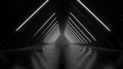 Obraz premium Dark tunnel with white neon lights and reflective floor black