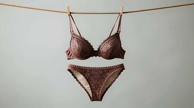 Female bra and panties is hanging on the rope isolated on a light background.