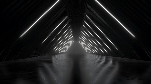 Dark tunnel with white neon lights and reflective floor black