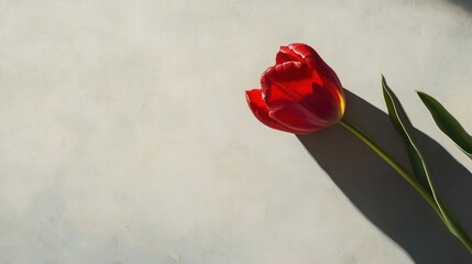 Single vibrant red tulip on light beige surface, casting a shadow