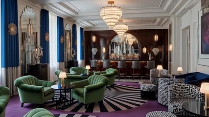Elegant Art Deco Hotel Lobby Bar Lounge with Green Velvet Chairs