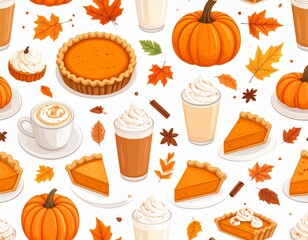 An autumnal seamless pattern featuring orange pumpkins, fall leaves, and other harvest-themed decorations perfect for Halloween and Thanksgiving