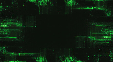 Futuristic green digital glitch frame with a distorted data texture and a corrupted screen overlay effect on a dark background.