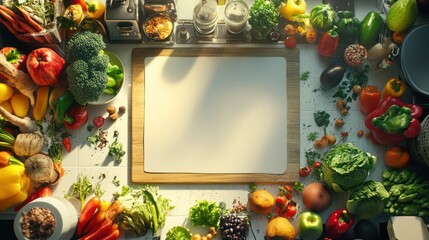 Empty white cutting board amidst a vibrant array of fresh produce and kitchen tools, bathed in sunlight