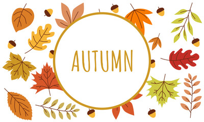 Minimal aesthetic autumn background with golden circle and fall leaves