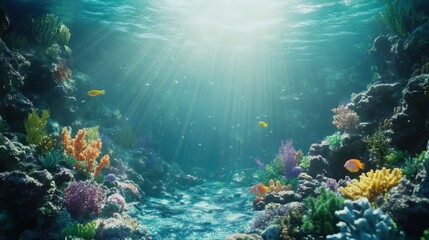 Naklejka premium Underwater coral reef scene. Sunlight streams through the water, illuminating vibrant coral formations and colorful fish