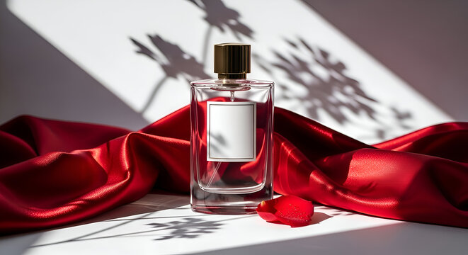 Clear glass perfume bottle on red satin fabric.
