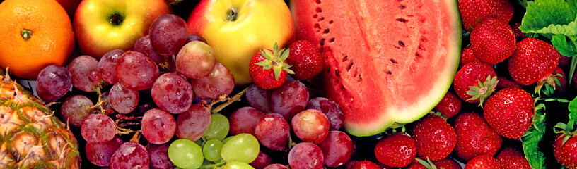 Variety of fruits and berries. Fresh raw  fruits.