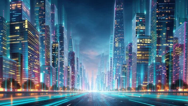 Futuristic Cityscape with Glowing Skyscrapers and Vibrant Neon Lights Creates Dynamic and Energetic Atmosphere Powered by Advanced Technology