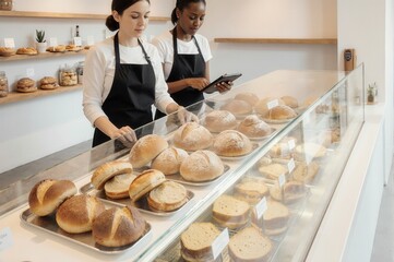 Bakery workers arranging fresh bread in a display case