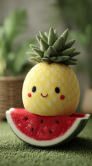 Cute plush fruit character, featuring smiling pineapple on top of watermelon slice. vibrant colors and soft textures create cheerful and playful atmosphere, perfect for decor or gifts