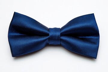 A navy blue bow tie is neatly centered on a white background