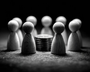 Professional collaborative investment concept with wooden figures and money stack modern premium finance content for business marketing and social media campaigns