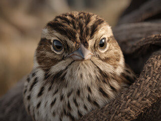 Close up of bird with intricate feather patterns and focused expression, showcasing its unique features and textures. natural setting enhances bird beauty and charm