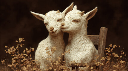 Two adorable goats sit closely together, exuding warmth and affection. Their soft, fluffy fur and gentle expressions create heartwarming scene, surrounded by delicate flowers and rustic elements