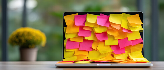 Laptop covered in colorful sticky notes in bright workspace, symbolizing organization and creativity. vibrant colors of notes add lively touch to modern setting