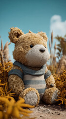 Cute teddy bear sits in field surrounded by tall grass and flowers, exuding sense of warmth and nostalgia. bear is dressed in striped shirt, adding to its charm and playful appearance