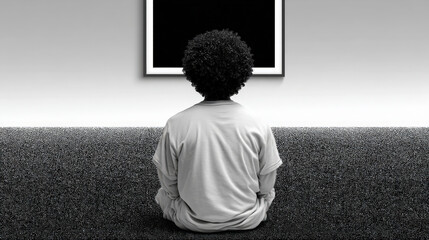 Child with curly hair sits on couch, gazing at blank picture frame on wall. scene evokes sense of curiosity and contemplation, highlighting simplicity of moment