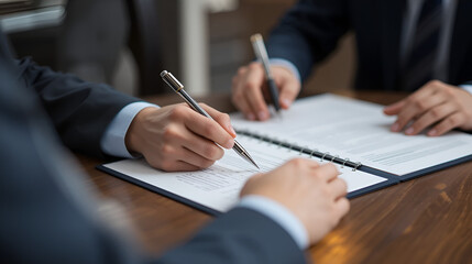 Real estate contract signing scene showing agent handling legal paperwork for secure home sales, rental agreements, property investment, and housing market transactions
