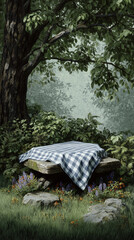 Serene picnic spot features rustic wooden table draped with blue and white checkered tablecloth, surrounded by lush greenery and colorful wildflowers. tranquil atmosphere invites relaxation