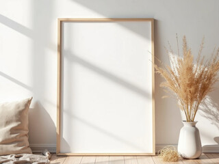 “A2 size poster mockup hanging on a clean white wall, in a modern interior room, soft lighting, shadows for realism, framed version, boho decor style”