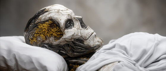 Lifelike humanoid figure with skeletal appearance lies peacefully bed, surrounded by soft white fabric. figure head features intricate details, with blend of organic and mechanical elements