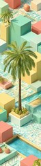 Fototapeta premium Modern Professional Palm Tree Urban Design with Pastel Cubes Authentic High-Quality Summer Lifestyle Content for Marketing and Social Media Campaigns