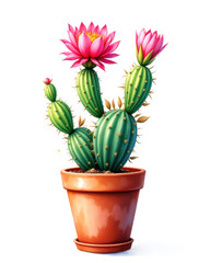 Pink Blooming Cactus in Terracotta Pot on Transparent Background