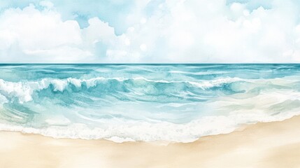 Watercolor seascape, soft pastel hues of ocean, beach, and sky