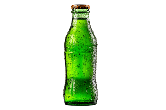 Green soda bottle with bubbles isolated on transparent background