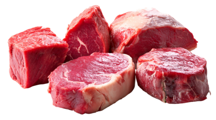 Five raw beef steaks isolated on transparent background