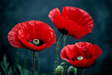 Close-up of red poppy flowers with dark background and dramatic moody lighting
