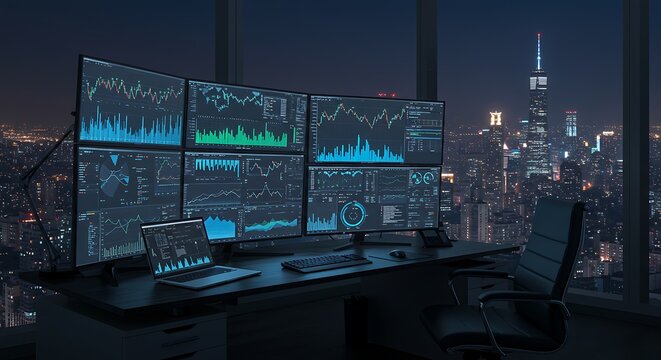 夜景 都市 金融データ 複数モニター