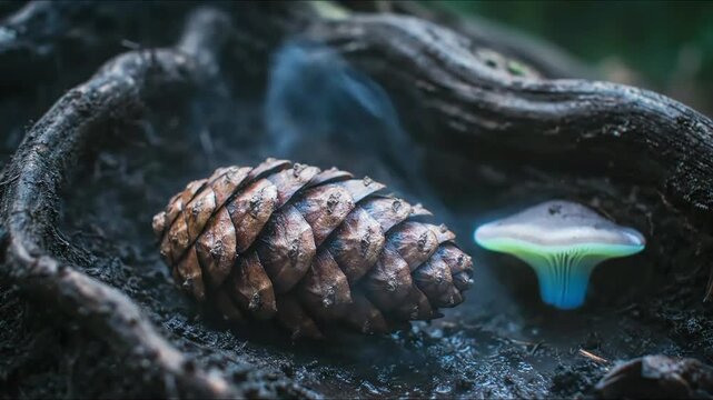 Pinecone and Glowing Fungi in Foggy Forest - Day of Forest (Smokey Bear)