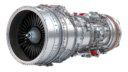 Detailed view of a modern jet engine turbine isolated on transparent background