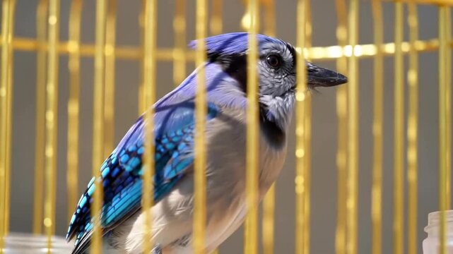 A vibrant blue jay perched inside a golden birdcage with a blurred background setting