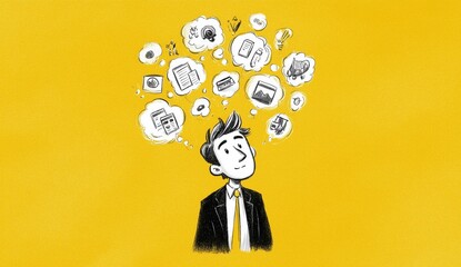 A thoughtful man in a suit with creative ideas floating above his head against a yellow background.