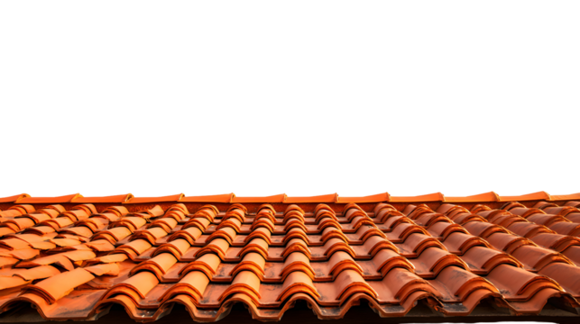 Close up of terracotta roof tiles with warm lighting isolated on transparent background