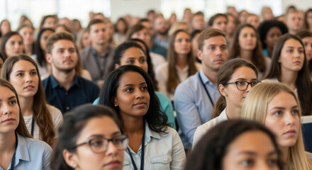 Large audience of young people sitting in lecture hall during conference. Educational seminar and business presentation for knowledge sharing and professional development