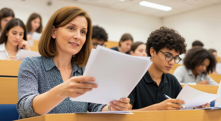 Obraz premium Woman student taking exam in university lecture hall with paper and pen. Academic testing and educational assessment for degree program and knowledge evaluation
