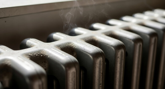 Steam rising from hot radiator heating system with condensation droplets. Home heating equipment for hvac services and energy efficiency promotions
